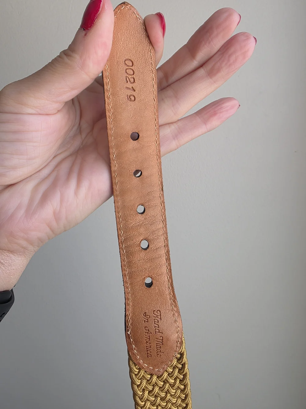 Martin Dingman Gold Woven Stretch Leather Trim Belt Size 42 Hand Made USA